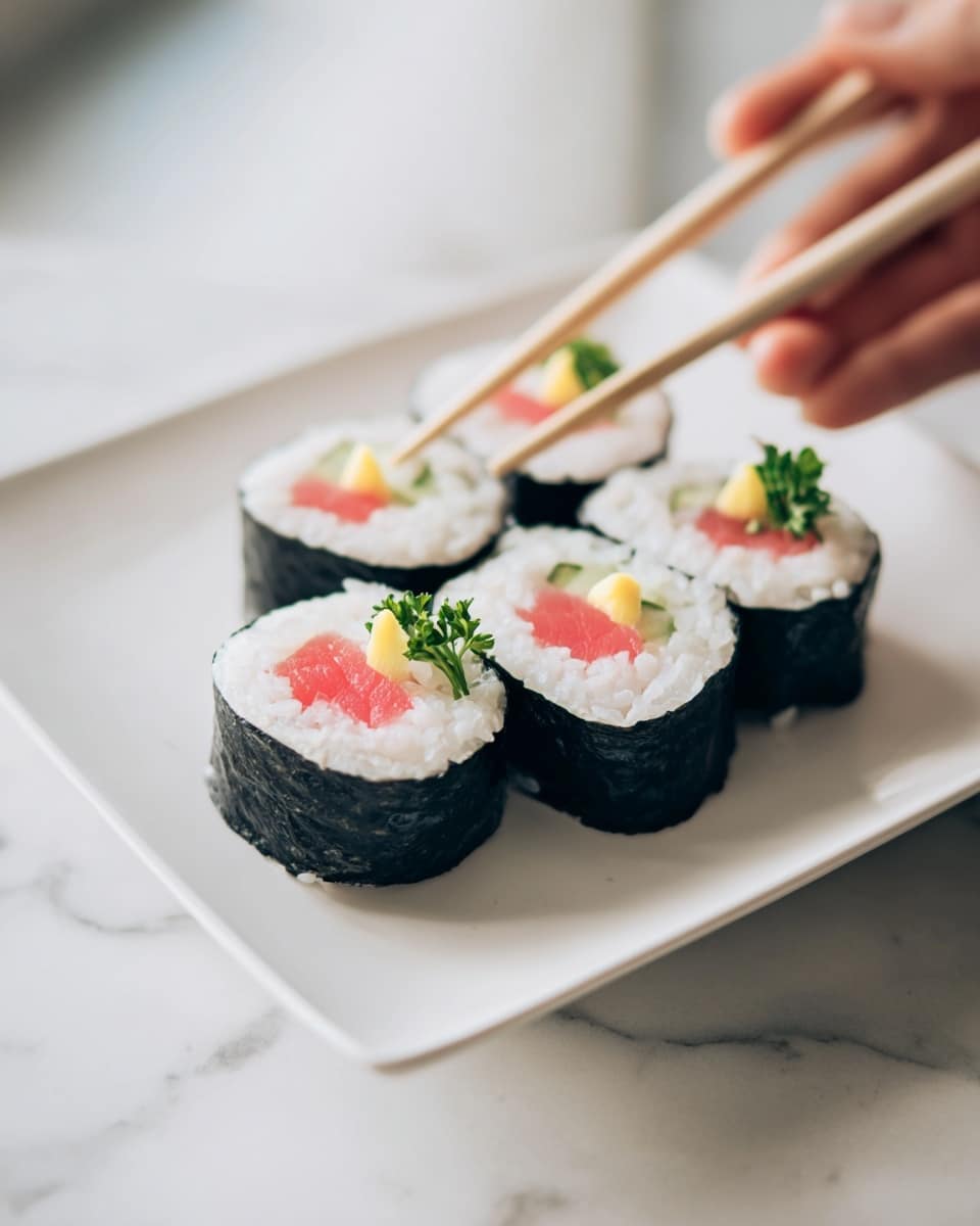 The image shows four sushi rolls lined up on a white square plate placed on a white marbled surface. Each roll has a glossy black outer layer of seaweed wrapped around a thick layer of white rice, inside of which there are two fillings: a pinkish-red fish slice at the bottom and a light green vegetable piece above it. A small dollop of bright yellow pickled garnish sits on top of each roll. A pair of light brown wooden chopsticks held by a woman's hand is gently gripping the sushi roll closest to the camera. The background is softly blurred to keep the focus on the sushi rolls. Photo taken with an iphone --ar 4:5 --v 7