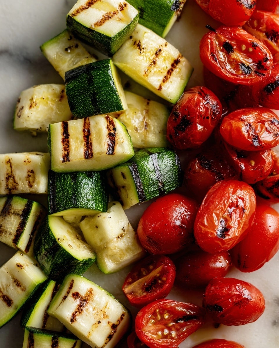 The image shows a close-up of grilled vegetables arranged side by side on a white marbled surface. On the left, there are chunks of zucchini with bright green skin and pale greenish-white inside, each piece marked with dark brown grill lines, giving a slightly shiny and oily look. To the right, there are vibrant red cherry tomatoes, some whole and some sliced in half, also featuring dark grill marks, with a glistening, juicy texture. The two types of vegetables are mixed slightly at the center where they meet. The lighting highlights the texture and freshness of the grilled vegetables. photo taken with an iphone --ar 4:5 --v 7