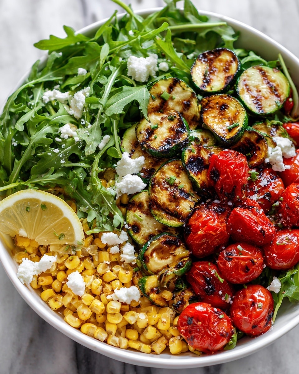 A close-up view of a salad in a white bowl showing three main layers: the base layer of charred yellow corn kernels scattered around, the middle layer of grilled zucchini pieces with dark grill marks and bright red cherry tomatoes, and a top layer of fresh green arugula leaves spread unevenly. Small white crumbles of cheese are sprinkled over everything, with a lemon wedge tucked among the ingredients on the bottom left side. The bowl sits on a white marbled surface. Photo taken with an iphone --ar 4:5 --v 7