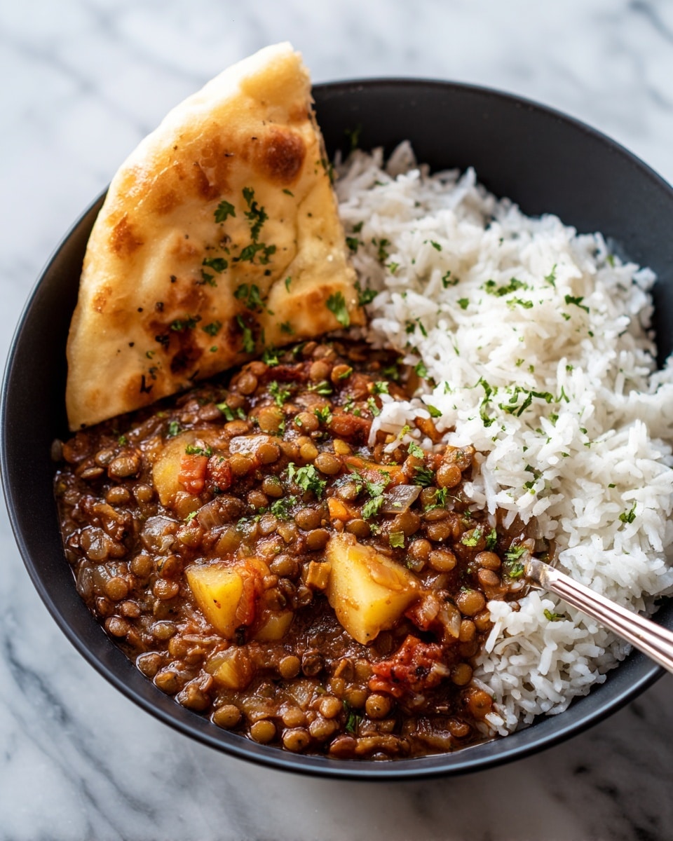 A close-up of a black bowl on a white marbled surface filled with three main layers: a portion of white rice on the right with soft, separate grains, a rich brownish-red thick stew with chunks of potatoes and lentils in the center that covers most of the bowl, and a folded piece of golden naan bread tucked neatly on the left side. There is a silver spoon partially immersed in the stew, showing its chunky, slightly glossy texture with visible pieces of herbs and onions. Photo taken with an iphone --ar 4:5 --v 7
