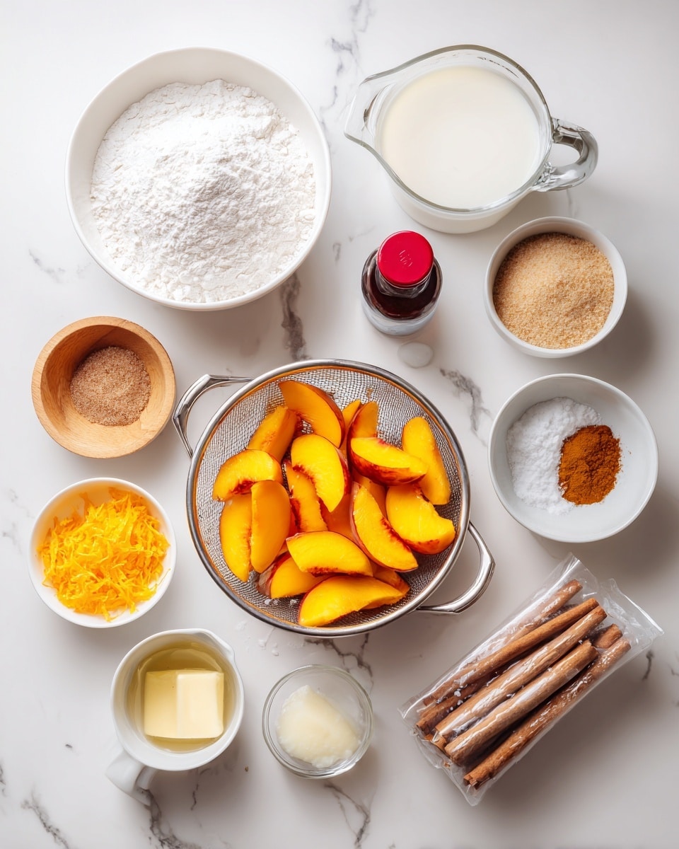 The image shows various baking ingredients placed neatly on a white marbled surface. In the center, there is a silver colander filled with bright orange peach slices. Surrounding it, clockwise from the top left, is a white bowl filled with white flour, a small white bowl with powdered sugar, a small bottle with a red cap of dark liquid, a wooden bowl filled with white sugar, a glass container with brown sugar, a white bowl with orange zest, a small white bowl of light yellow liquid, a glass measuring cup with white milk, two sticks of butter wrapped in paper, and a small white bowl holding a mix of cinnamon and salt. The setup is bright and clean, arranged for baking preparation, photo taken with an iphone --ar 4:5 --v 7