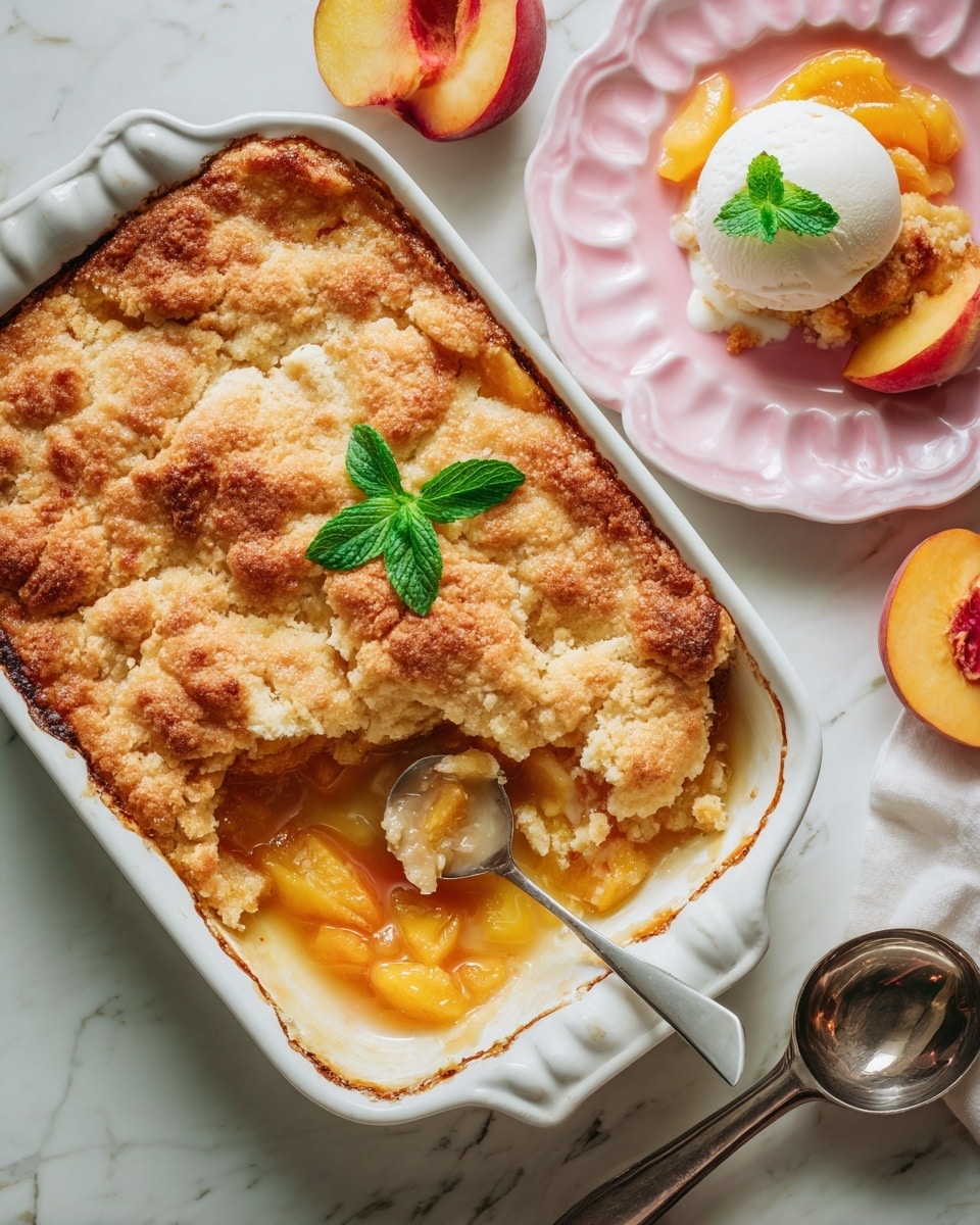 A rectangular white baking dish filled with a golden-brown peach cobbler, showing a rough, crumbly top crust with some cracks and browned spots. The cobbler is partially scooped out in the bottom left corner, revealing soft peach slices in syrup beneath the crust. To the right, a white plate holds a large serving of the cobbler topped with a round scoop of white ice cream and a small green mint leaf. Around the dish, there is a pink scalloped plate with some peach slices and a silver ice cream scoop resting on it, next to a white marbled surface. Photo taken with an iphone --ar 4:5 --v 7