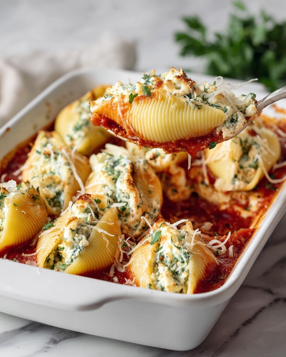 A white rectangular baking dish filled with layered ravioli. The bottom layer is a rich red tomato sauce, topped with pale yellow ravioli filled with a creamy cheese mix, and sprinkled with a fine layer of grated white cheese. A spoon lifts a portion of ravioli, showing the soft texture of the pasta and the sauce clinging at the bottom. The background is a white marbled surface. Photo taken with an iphone --ar 4:5 --v 7