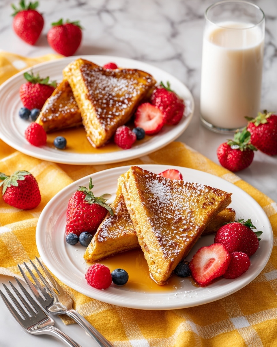 The image shows two white plates on a white marbled surface with yellow plaid cloth underneath. Each plate has three triangle-shaped golden French toast slices stacked slightly overlapping in the center, sprinkled with powdered sugar. The toast sits in a pool of amber syrup. Fresh red strawberries, some whole and some halved, are placed at the edges of the toast along with several round blue blueberries and a few red raspberries scattered around. In the background, there is a glass filled with white milk. Two silver forks lie next to the bottom plate on the yellow cloth. photo taken with an iphone --ar 4:5 --v 7