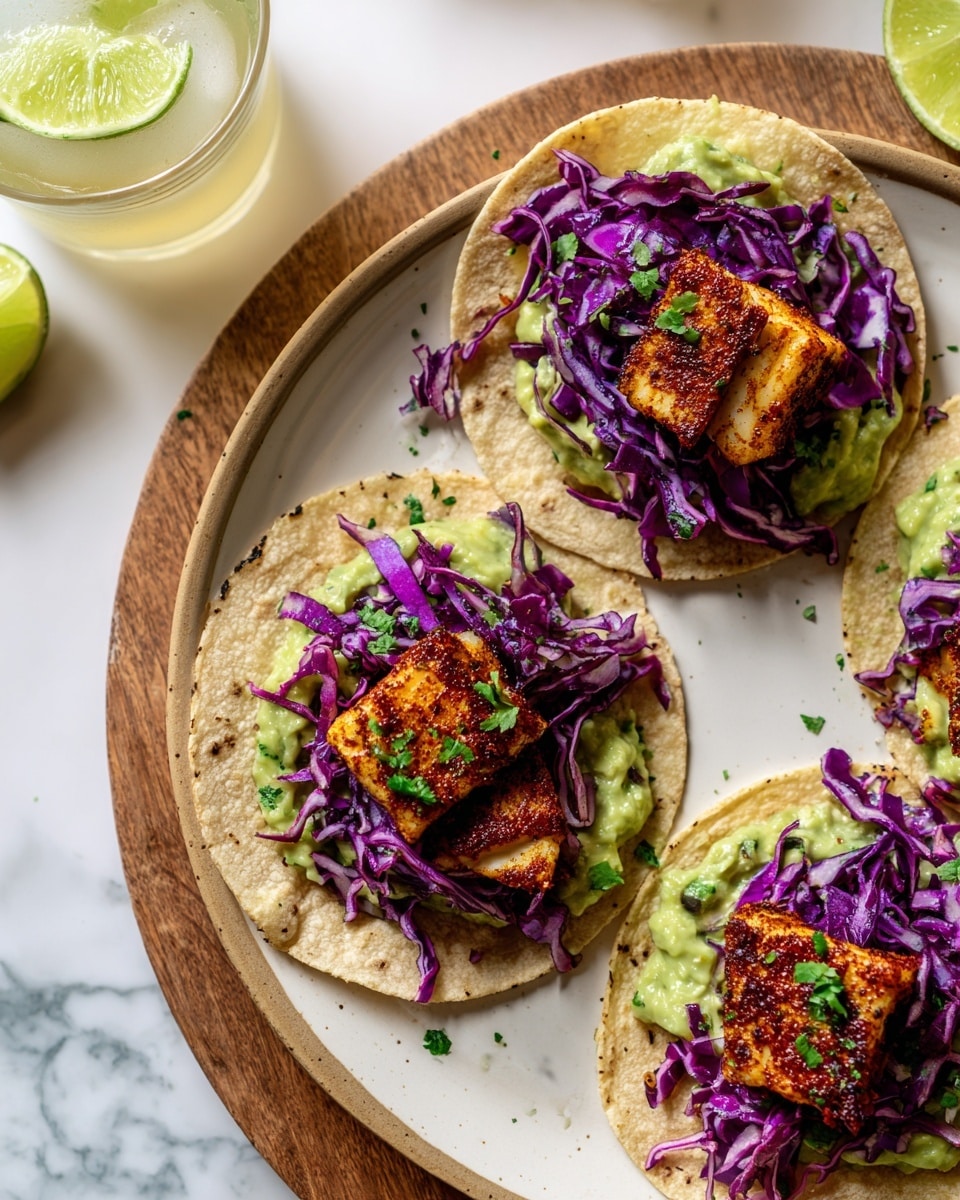 There are several soft corn tortillas, each with three main layers: the base layer is a light green chunky guacamole spread, on top are pieces of golden-brown grilled fish with a crispy seasoning, and the top layer is thin, bright purple cabbage strips scattered with chopped green herbs. The tortillas are on a white plate with a beige rim and a wooden board, all set on a white marbled surface. A light green lime wedge is placed beside the tortilla on the plate, and there is a glass of light-colored drink with a lime slice nearby. photo taken with an iphone --ar 4:5 --v 7