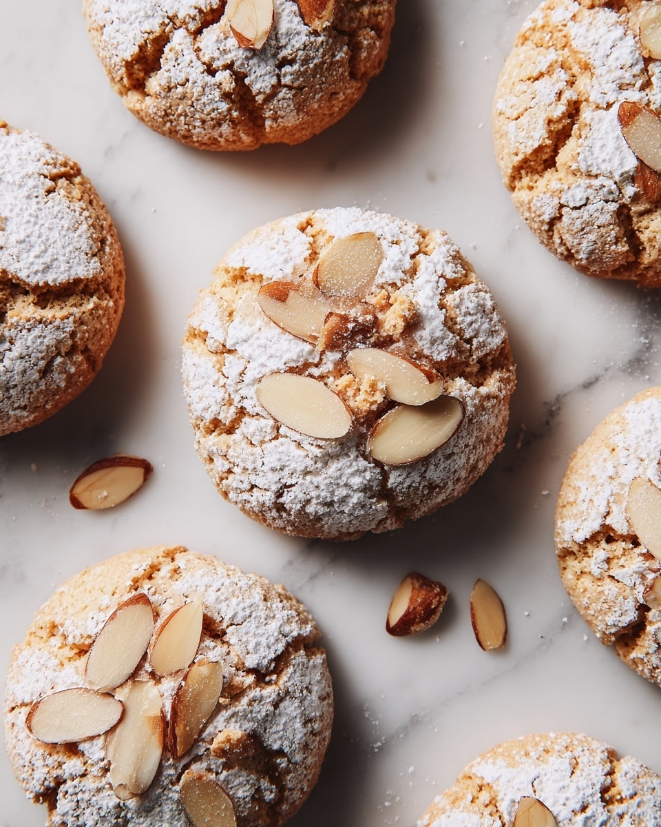 A close-up view of a stack of round cookies on a white scalloped plate showing two layers: the bottom cookie layer is light brown with a crumbly texture and some rough, golden tops, the top cookie is halved to show its dense, beige inner layer. Each cookie's top surface is roughly textured, sprinkled with sliced almonds and light dustings of powdered sugar that add a soft, white layer. Some broken cookie pieces are scattered nearby. In the background, there is a glass of white milk placed on a white marbled surface. Photo taken with an iphone --ar 4:5 --v 7