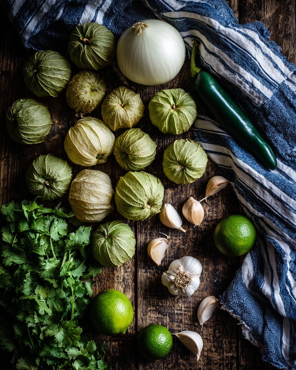 The image shows fresh ingredients spread out on a dark wooden surface with a blue and white striped cloth on the side. There are many tomatillos with light green papery husks, some partially peeled to show the shiny green fruit inside. A large half onion with smooth white layers sits near the center left. A single dark green poblano pepper lies on the right side among the tomatillos. Near the bottom, there are several garlic cloves, both peeled and unpeeled. Two bright green limes, one whole and one halved, are placed near the bottom center. A bunch of fresh cilantro with bright green leaves is on the bottom right. The setting has a natural, fresh feel with a focus on green and white colors against a dark wooden background. photo taken with an iphone --ar 4:5 --v 7