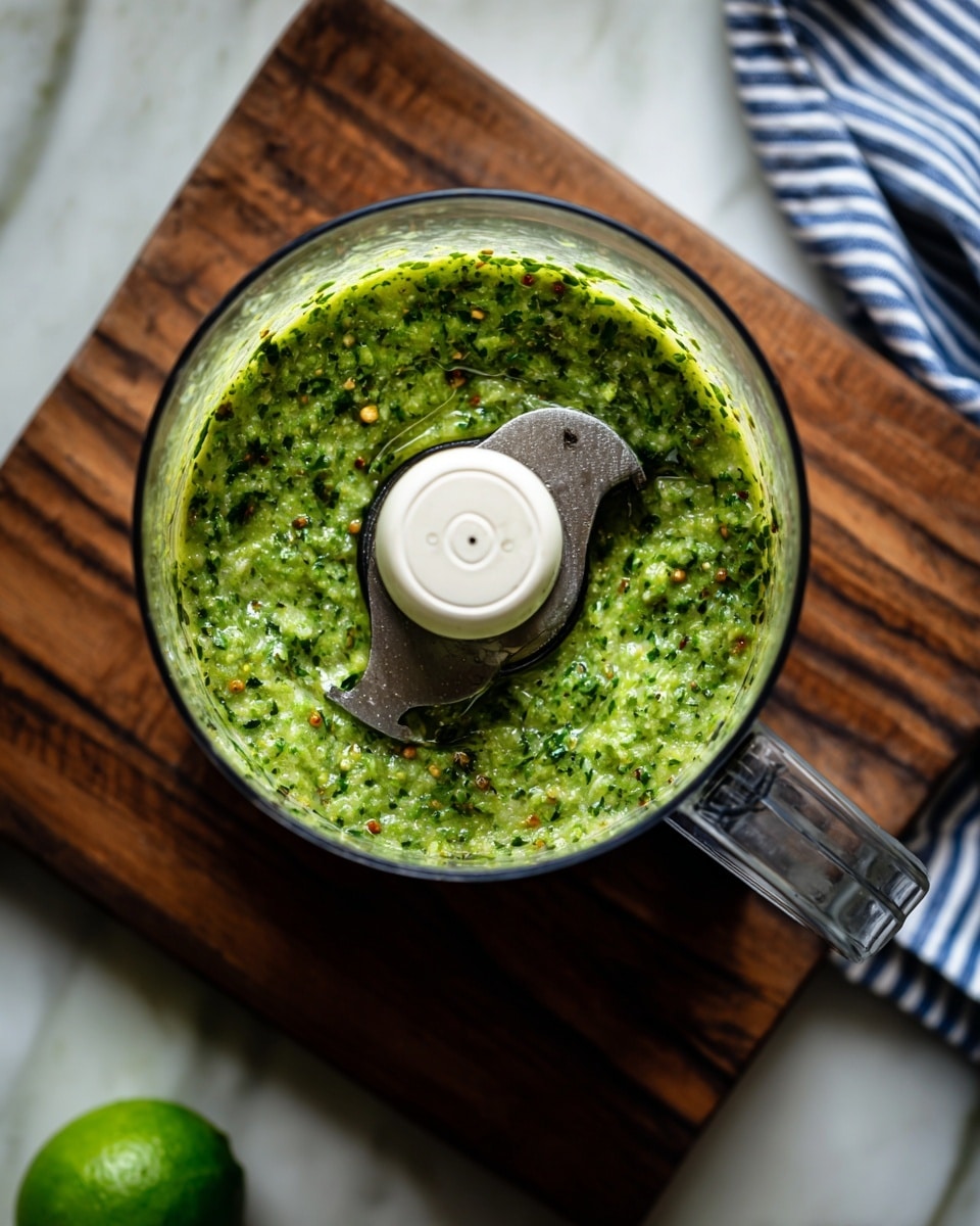 A close-up top view of a food processor filled with a green chunky sauce, showing visible seeds and small bits of herbs and spices, with the white central blade attachment in the middle; the food processor is placed on a dark wood surface with a blue and white striped cloth partially visible behind it and a green lime at the bottom corner, all set on a white marbled texture. photo taken with an iphone --ar 4:5 --v 7