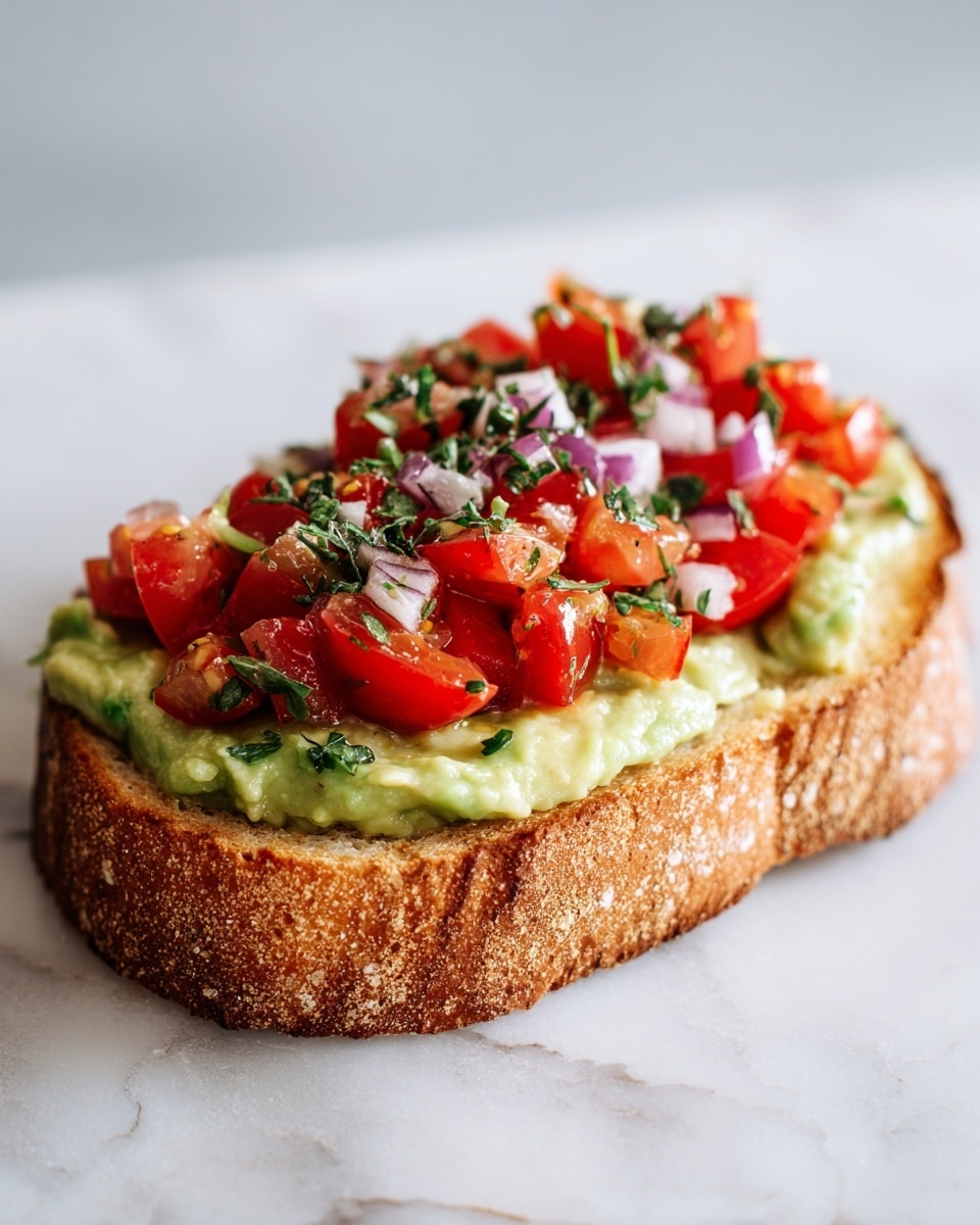 A slice of toasted bread sits on a white marbled surface, topped with a smooth, light green layer of mashed avocado spread evenly across. On top, there is a chunky mix of diced red tomatoes, tiny white onion pieces, and small bits of dark green herbs scattered evenly, creating a colorful and fresh look. The bread crust is golden brown with a slightly rough texture, adding a contrast to the soft avocado and juicy tomato topping. Photo taken with an iphone --ar 4:5 --v 7