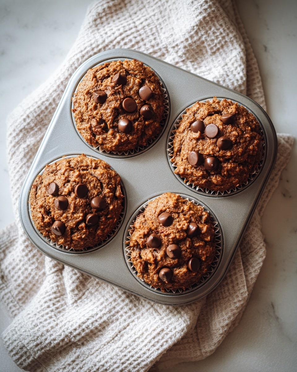 A close-up of a silver muffin tray filled with four thick muffins that have a rough, bumpy surface in light brown color, each topped with several scattered milk chocolate chips that are smooth and shiny. The tray sits on a soft white cloth with a simple light beige checkered pattern. The whole scene is set on a white marbled surface. photo taken with an iphone --ar 4:5 --v 7