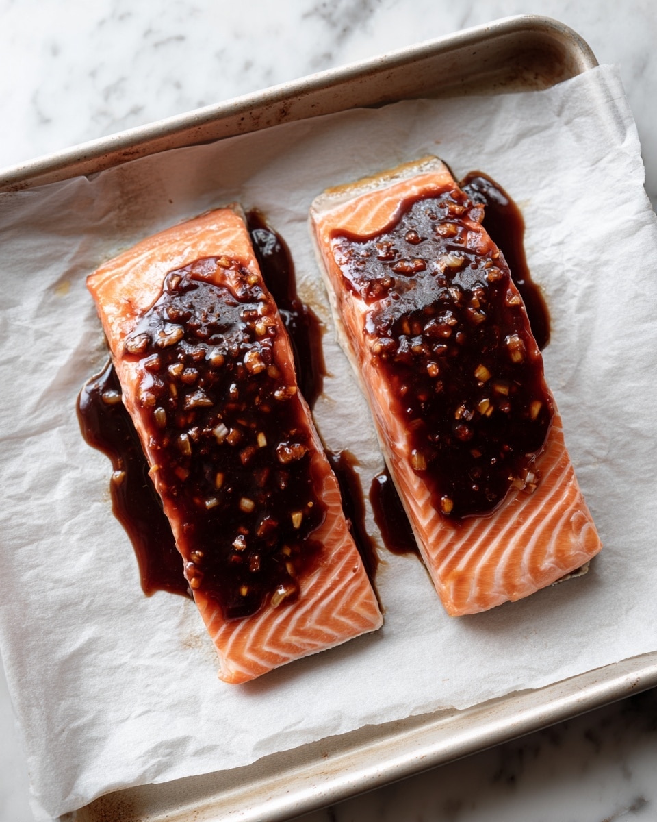 Two thick pieces of raw salmon fillets lie side by side on white parchment paper, placed on a baking tray. Each fillet is topped with a thick, shiny dark brown sauce that covers the top completely, with small visible bits of ingredients mixed in. The salmon flesh underneath shows a soft pinkish-orange color with fine lines and natural texture. The tray and parchment paper rest on a white marbled surface. photo taken with an iphone --ar 4:5 --v 7