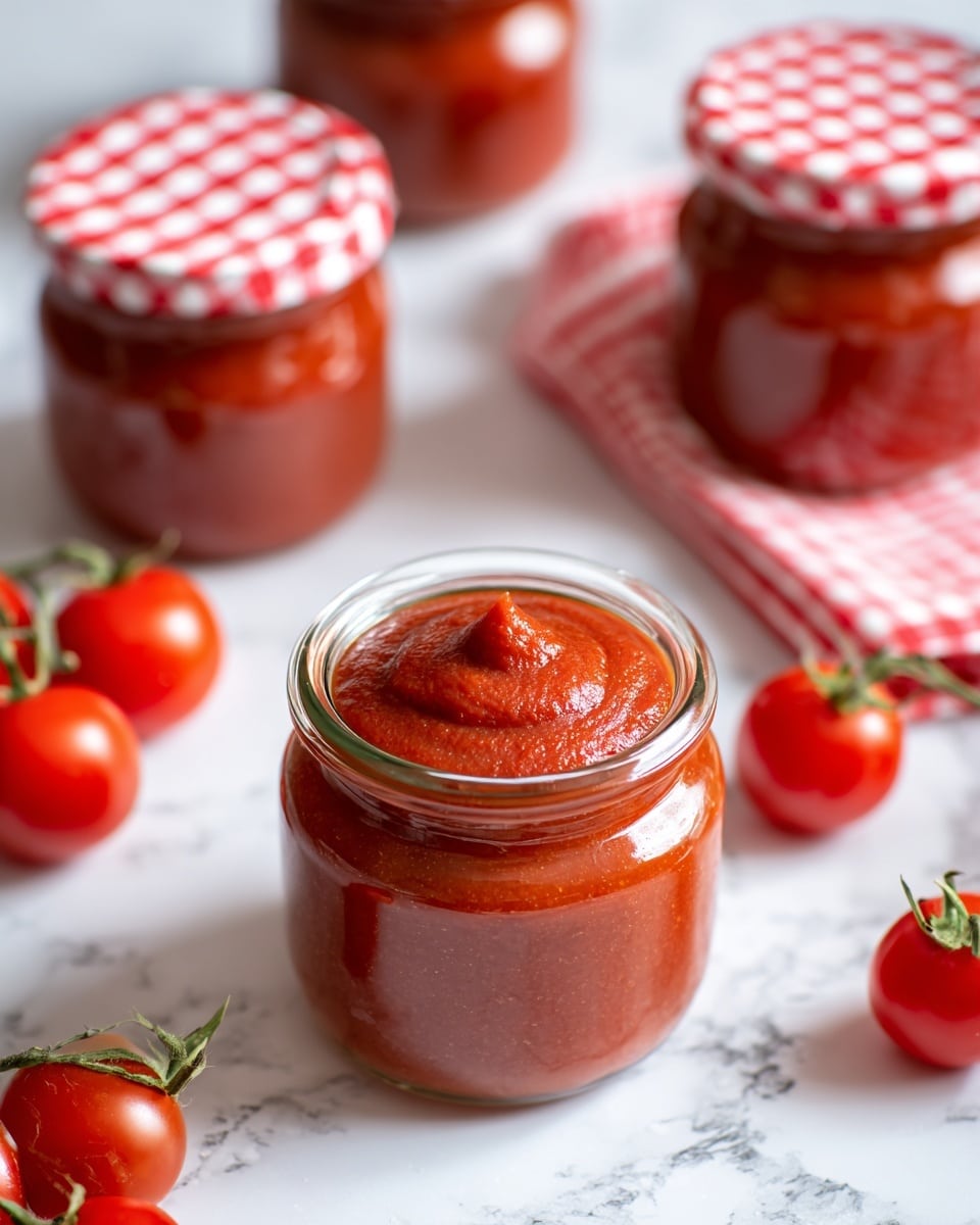 A white plate with red floral patterns holds a thick, smooth red sauce spread in a spiral pattern, centered in the dish. The plate sits on a matching larger plate with the same red floral design. Around the plate on the white marbled surface are bright red tomatoes with green stems, some small and some medium size. There are three glass jars filled with the same red sauce, one of them at the bottom and two at the top of the image. A striped spoon with sauce rests on the right side on the marble. A silver spoon lies across the top right edge of the smaller plate. A white cloth with beige and dark brown stripes is visible on the upper left. photo taken with an iphone --ar 4:5 --v 7