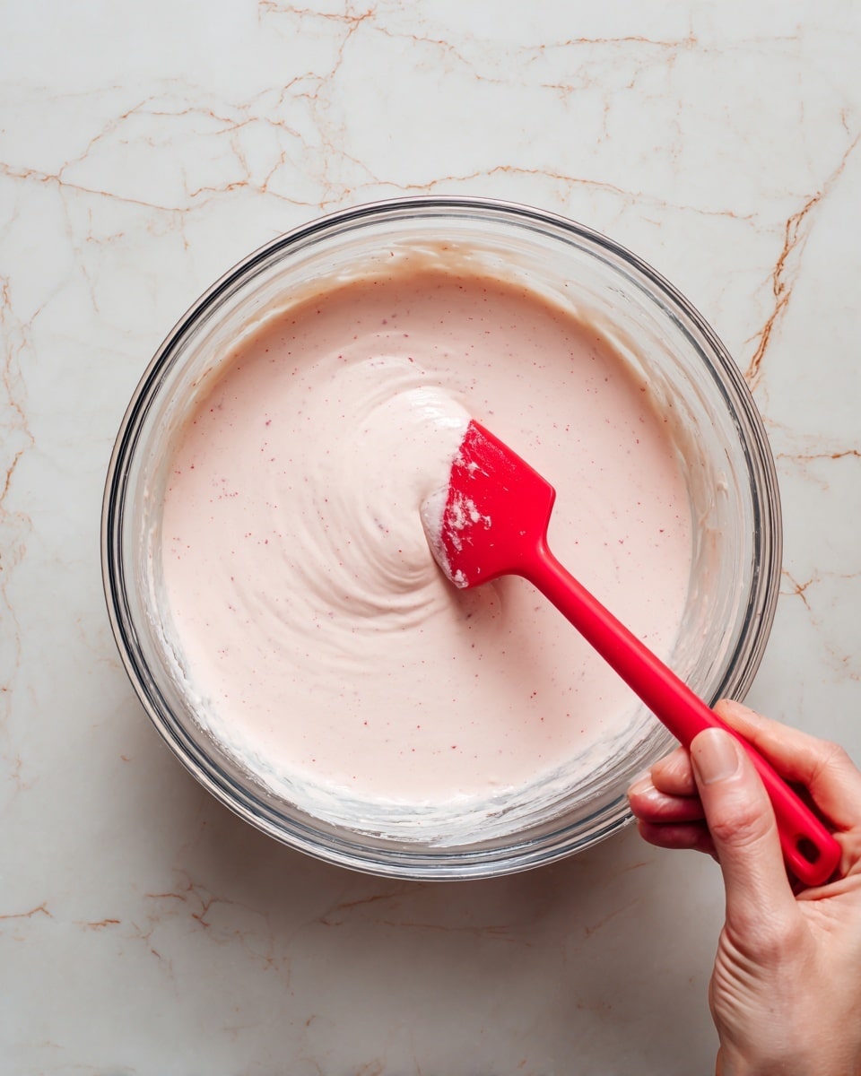 A clear glass bowl filled with one smooth, thick layer of pale pink batter. There is a red spatula partly dipped into the batter, held by a woman's hand, with some batter sticking to the spatula's edge. The bowl is placed on a white marbled surface that has fine cracks and lines. The light is soft, showing the slight bubbles and tiny specks in the batter. photo taken with an iphone --ar 4:5 --v 7
