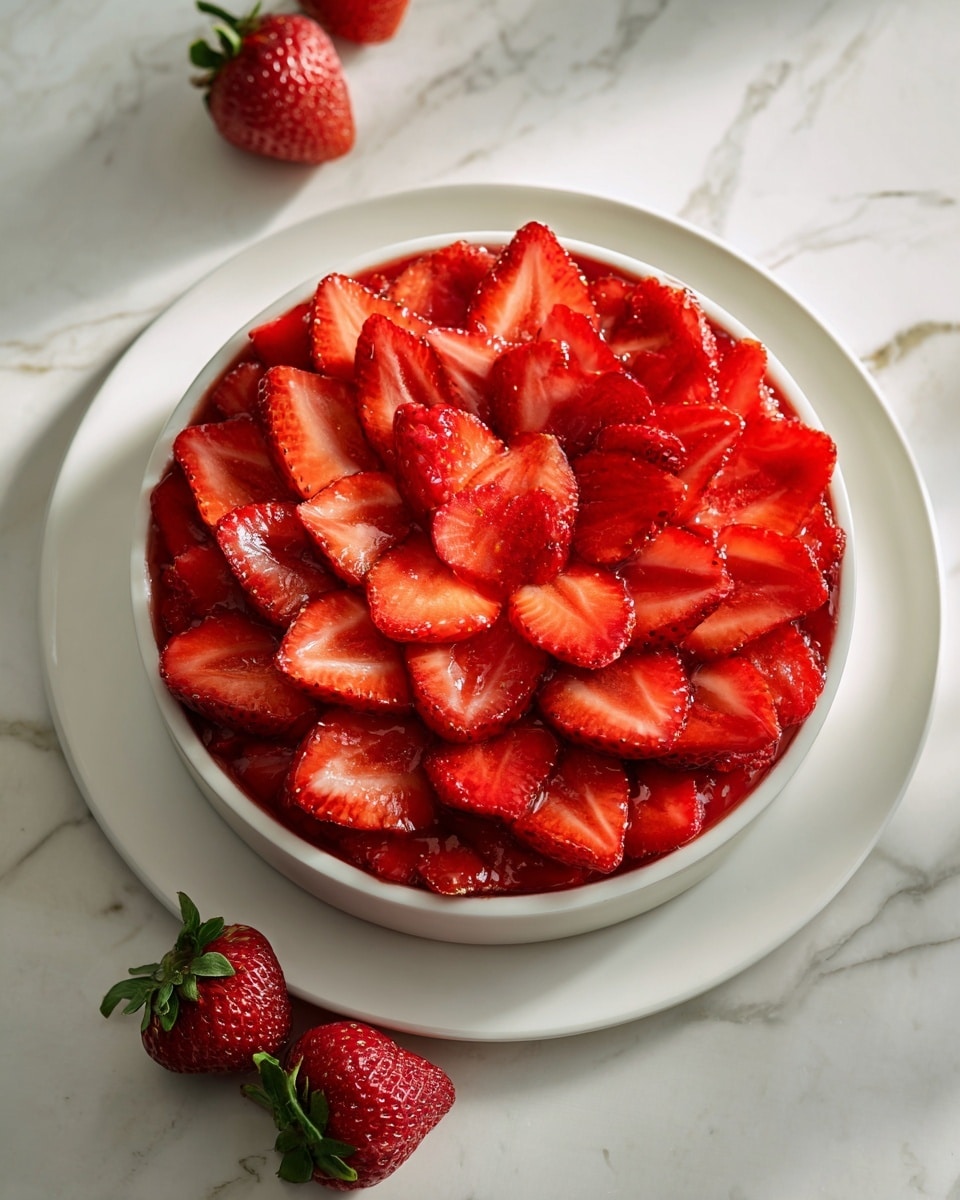 A round dessert with a thick layer of sliced bright red strawberries arranged evenly on top inside a baking ring on a white plate, sitting on a white marbled surface with two whole strawberries beside it. photo taken with an iphone --ar 4:5 --v 7