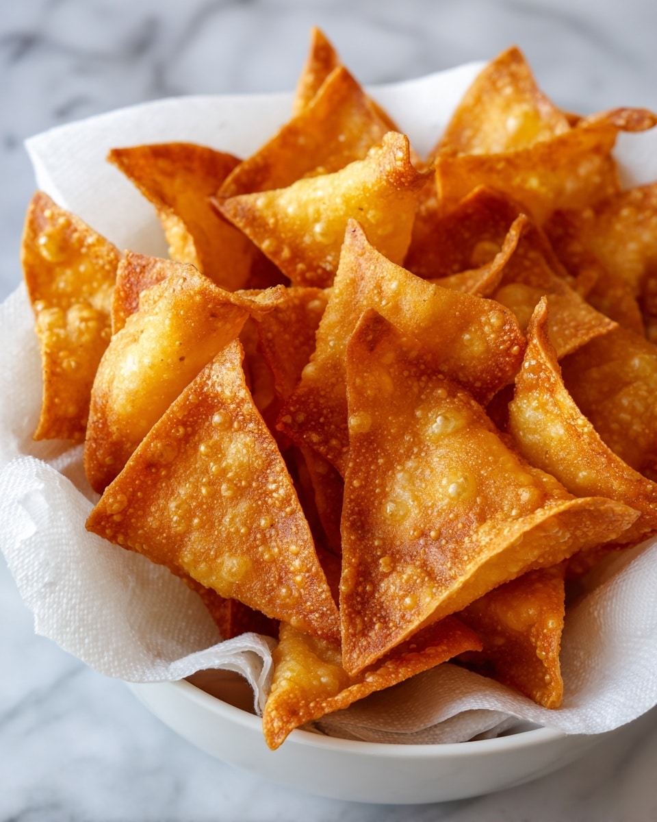 A close-up view of a bowl filled with many golden-brown fried crispy triangular chips. Each chip has a bubbly texture on the surface with a shiny oily finish, showing different shades of brown and light orange. The chips are layered one on top of another in a random way inside a white bowl lined with a white paper towel. The background is a white marbled surface. photo taken with an iphone --ar 4:5 --v 7