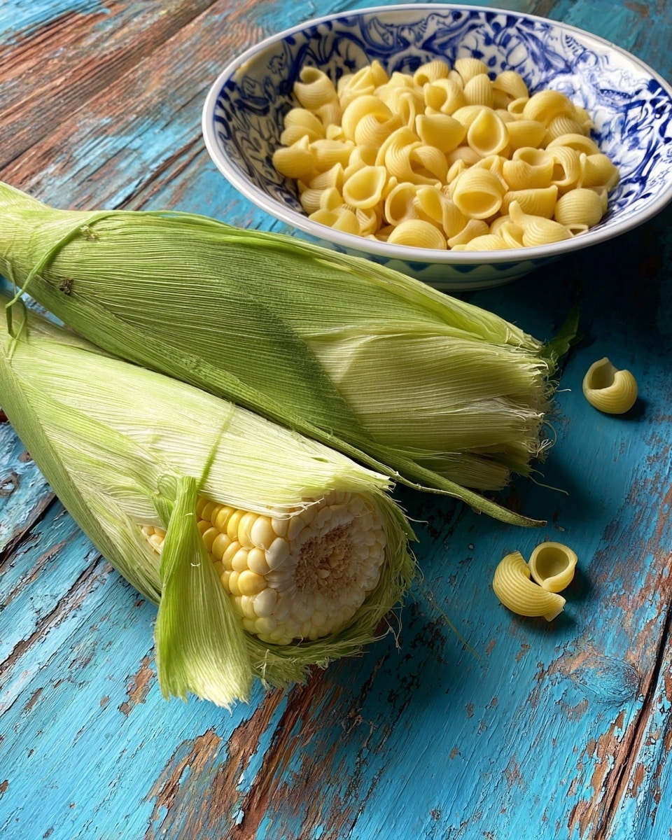 Two ears of corn partially peeled with light green husks showing yellow and white kernels in the center. The corn is placed on a blue and brown wooden surface with visible textures. On the right side, there is a white bowl with blue patterns filled with yellow pasta shells. Photo taken with an iphone --ar 4:5 --v 7