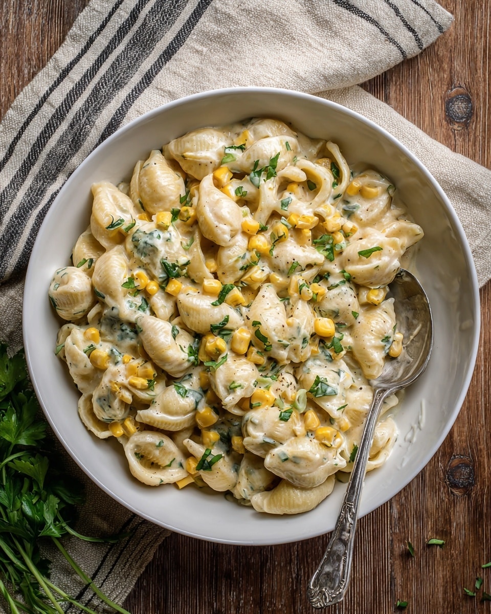 A white bowl filled with creamy pasta shells mixed with small yellow corn kernels and green leafy herbs scattered throughout. The pasta is coated in a smooth, pale sauce with a slightly thick texture that clings to each shell, giving a rich look. A silver spoon rests on the right side inside the bowl with some pasta near it. The bowl is placed on a wooden surface with a beige cloth with dark stripes on the top left corner and some green herbs at the bottom left corner. Photo taken with an iphone --ar 4:5 --v 7