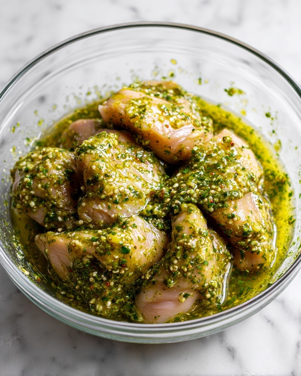 A clear glass bowl sits on a white marbled surface filled with five uneven pieces of raw, pale pink chicken coated in a thick, bright green herb marinade. The sauce has a slightly oily texture with visible tiny bits of herbs and spices, covering the chicken pieces and spreading across the bowl’s inside edges. The chicken pieces vary in size and shape, with some smoother and others showing folds or crevices, all soaked in the green mixture. The light in the image highlights the glossy marinade and the moist texture of the chicken. Photo taken with an iphone --ar 4:5 --v 7