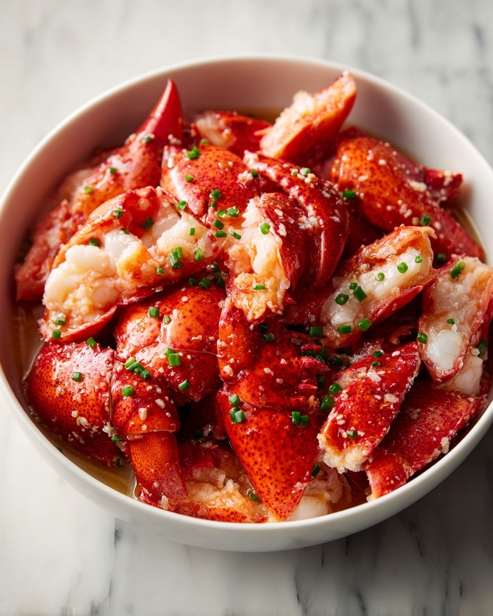 A white bowl filled with bright red cooked lobster claws and small lobster pieces, layered evenly throughout. The lobster meat is firm and has a mix of white and red shades. Small green herbs and chive pieces are scattered over the lobster, adding a speckled green texture and color contrast to the dish. There is a light shiny coating of oil or butter, giving it a slight glossy look. The bowl sits on a white marbled surface. Photo taken with an iphone --ar 4:5 --v 7