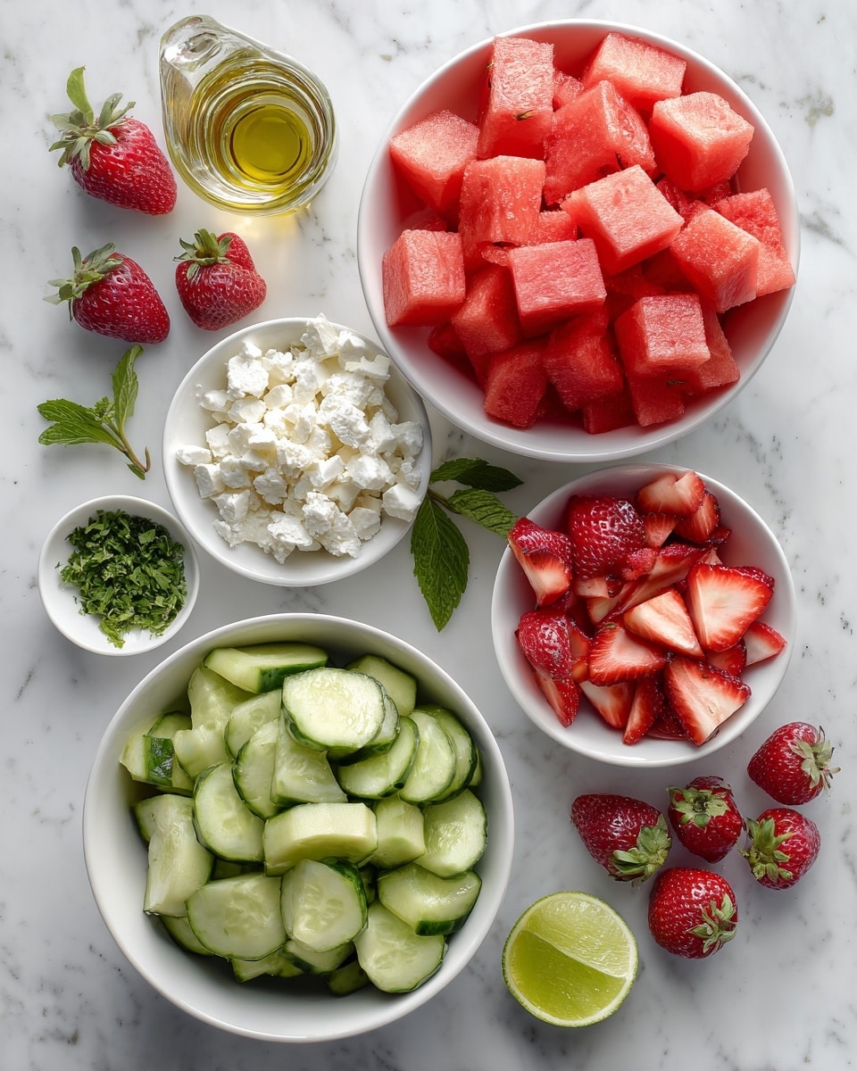 A top view shows a white bowl filled with bright red watermelon cubes in the center top. Below it to the right is a white bowl filled with red strawberry slices, thin and round, overlapping each other. To the left of the watermelon, a white bowl holds sliced cucumber rounds in light and dark green shades with the skin on. Near the cucumber bowl is a small white bowl with soft white feta cheese, crumbly in texture. Above the cheese, a tiny white bowl replies finely chopped green mint leaves. Between the bowls, lime wedges and lime zest add a bright green color, alongside a small glass bottle of olive oil. The background is a white marbled surface, with whole and sliced strawberries scattered around. The image is sharp and colorful. photo taken with an iphone --ar 4:5 --v 7