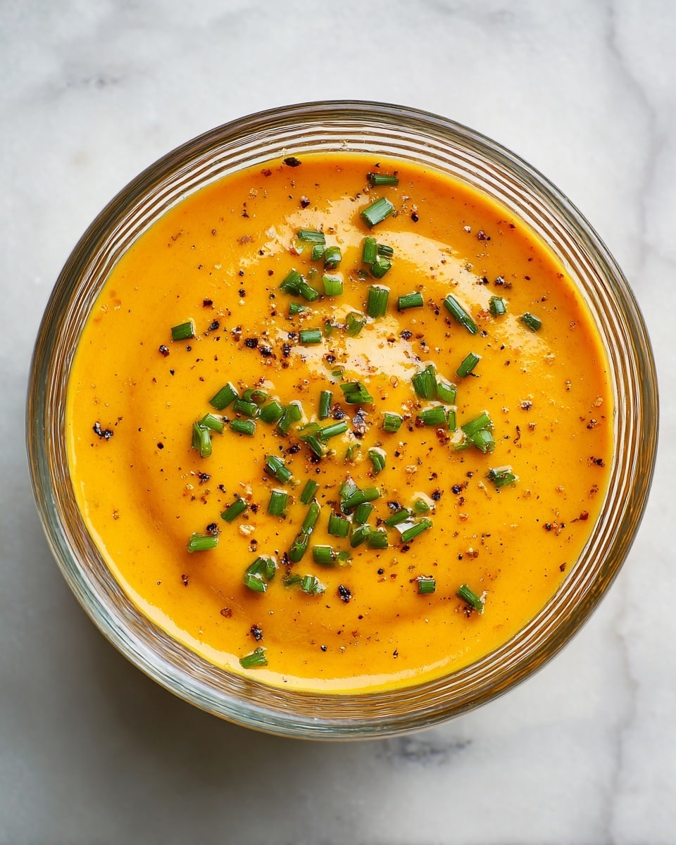 A clear glass bowl filled with a smooth, thick layer of bright orange-yellow sauce sits on a white marbled surface. The sauce is topped with small, scattered pieces of finely chopped green herbs, likely chives, and tiny black specks of ground pepper, adding texture and color contrast on the vibrant sauce. The glass bowl has ridged sides and a simple round shape. The photo is taken with an iphone --ar 4:5 --v 7