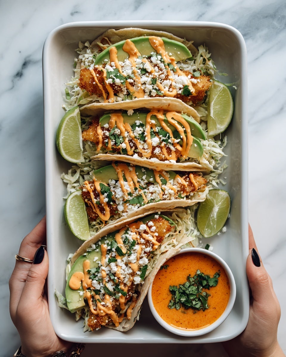 A white rectangular dish holds four soft corn tortillas folded in half, each filled with layers of shredded cabbage and carrot slaw, crispy golden-brown fried fish pieces, slices of fresh green avocado, and sprinkled with chopped cilantro and crumbly white cheese. Thin slices of green jalapeño are visible nestled within the layers, and a drizzle of creamy orange sauce is spread across the top. Lime wedges are placed around the tacos on the dish. In the bottom right corner, there is a small white bowl filled with the same orange sauce, topped with chopped cilantro and white cheese. Both the top and bottom edges of the dish are held by two woman's hands. The dish sits on a white marbled surface photo taken with an iphone --ar 4:5 --v 7