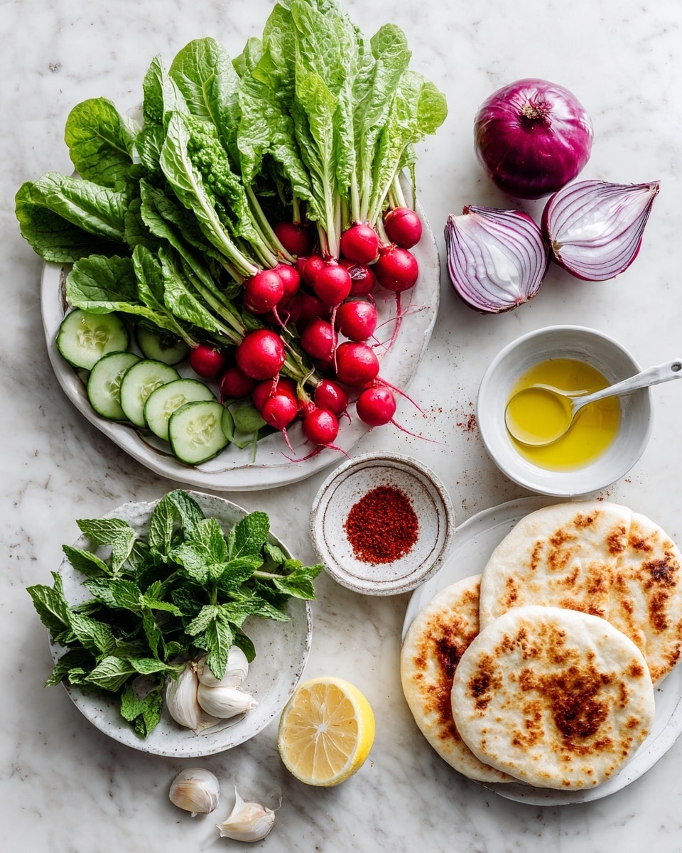 A fresh flat lay of food ingredients on a white marbled surface shows layers of vibrant colors and textures: on the left, bunches of green leafy lettuce and bright red radishes with stems, next to a group of small red cherry tomatoes and two halves of a purple onion showing white and purple layers inside. Below them, thin slices of light green cucumber form a small pile. To the right side, round flatbreads with a golden toasted color sit on a white plate, near a small white bowl filled with red spice powder and a white spoon resting inside. At the bottom, a white plate holds fresh green mint leaves, white garlic cloves, and a thick slice of yellow lemon next to a small white and yellow-rimmed bowl with golden olive oil. The image has bright natural light and a clean, fresh look photo taken with an iphone --ar 4:5 --v 7