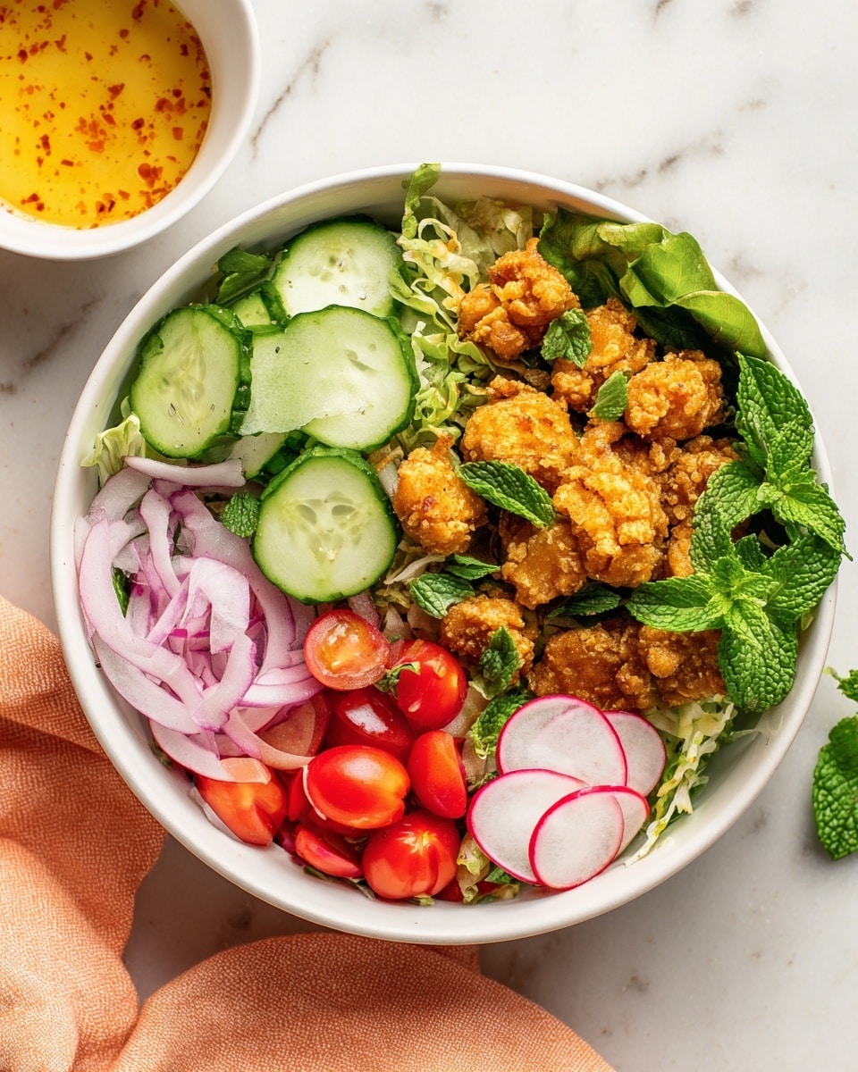 A white bowl on a white marbled surface holds a fresh salad arranged in sections: thinly sliced cucumber rounds with bright green edges and fresh green mint leaves on top, shredded light green lettuce underneath, sliced red onion rings to the left, halved red cherry tomatoes at the bottom, thinly sliced radish rounds with white centers and red edges near the tomatoes, and golden crispy chicken pieces to the right with some mint leaves on top. A small white cup with a yellowish sauce with red specks is partly visible to the left, along with a peach-colored cloth. Photo taken with an iphone --ar 4:5 --v 7
