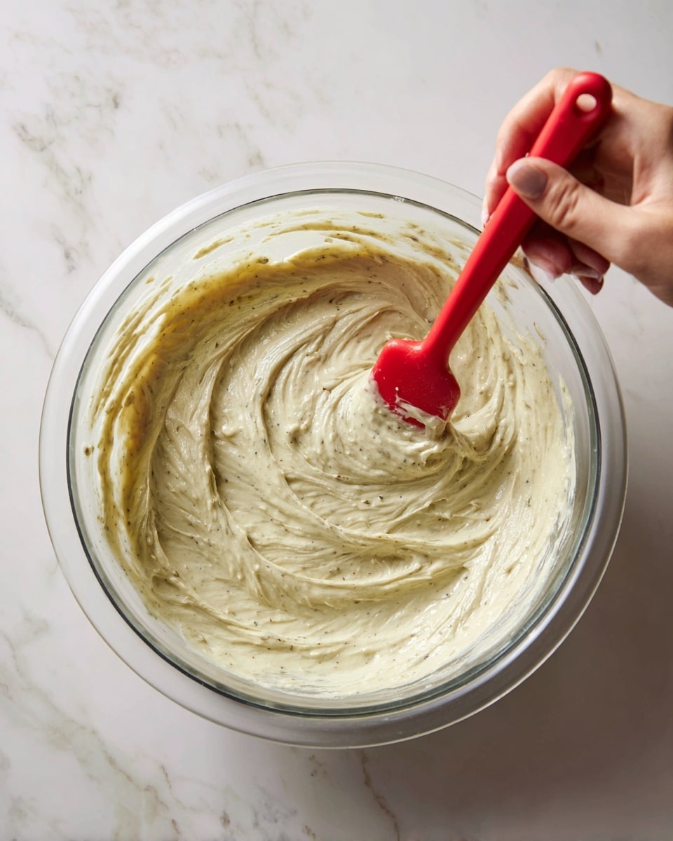 A clear glass bowl on a white marbled surface holds a thick, pale greenish batter with small darker green specks, showing a creamy and smooth texture. A red spatula is dipped into the batter, with some batter clinging to it, held by a woman's hand at the top right corner. The batter is spread unevenly inside the bowl, with soft peaks and swirls visible. photo taken with an iphone --ar 4:5 --v 7