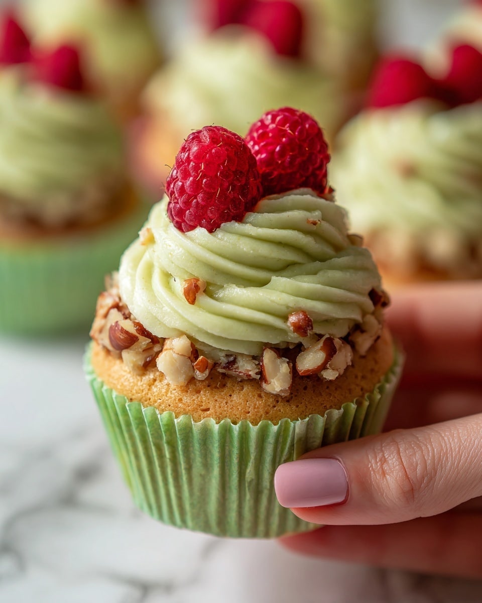 A close-up of a cupcake held by a woman's hand, showing three layers: the bottom layer is a light golden cake in a green paper cup, the middle layer is swirled pale green frosting with a smooth and creamy texture, and the top layer is sprinkled with small chopped nuts and decorated with two bright red raspberries placed side by side. More similar cupcakes with the same colors and toppings are blurred in the white marbled background. photo taken with an iphone --ar 4:5 --v 7