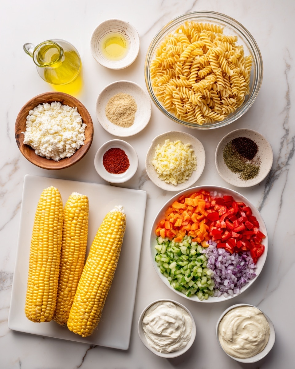 The image shows several white plates and bowls arranged on a white marbled surface, each with different ingredients. In the center, a rectangular white plate holds four whole corn cobs stacked neatly. To the left, a large clear bowl contains spiral pasta with a yellow color and rough texture. Above it, a small round wooden bowl is filled with crumbled white cheese. Near the top left, a small jug of light yellow liquid and a small glass container of olive oil are placed. At the top center, a white round plate is divided into four sections with different powdered spices: brown, black, red, and white. Next to it is a small bowl of light yellow grated garlic. On the right side, a large white plate is filled with diced vegetables arranged in groups by color: green, red, orange, purple, and green again. Finally, two small white bowls at the bottom right contain white sour cream and a creamy light yellow sauce. All items are neatly arranged with clear, bright lighting. Photo taken with an iphone --ar 4:5 --v 7