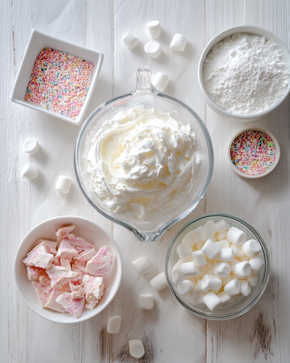 The image shows a white wooden surface with five clear glass and white bowls holding different ingredients for a dessert. In the center, a glass measuring cup is filled with fluffy white whipped cream. To the right, a smaller glass measuring cup is filled with small white marshmallows, some scattered around it. In the bottom left, a small white bowl holds broken pieces of pink and white candy bark. Above that, a small white square bowl is filled with colorful round sprinkles. At the top right, a plain white round bowl holds a fine white powder, likely sugar or flour. The setting is bright with soft natural light, and a woman's hand is not visible though some small marshmallows are placed outside the containers. The surface is described as a white marbled texture. Photo taken with an iphone --ar 4:5 --v 7