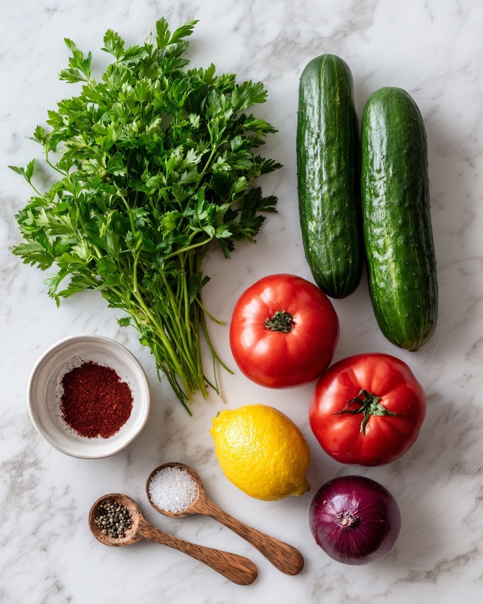 The image shows fresh ingredients laid out on a white marbled surface: a bunch of green parsley on the left, four dark green cucumbers in the center top, two bright red tomatoes on the right, a single purple onion below the tomatoes, and one yellow lemon below the onion. At the bottom left, there is a small white bowl filled with a dark red powder, next to two wooden spoons—one with white salt and one with black pepper. photo taken with an iphone --ar 4:5 --v 7