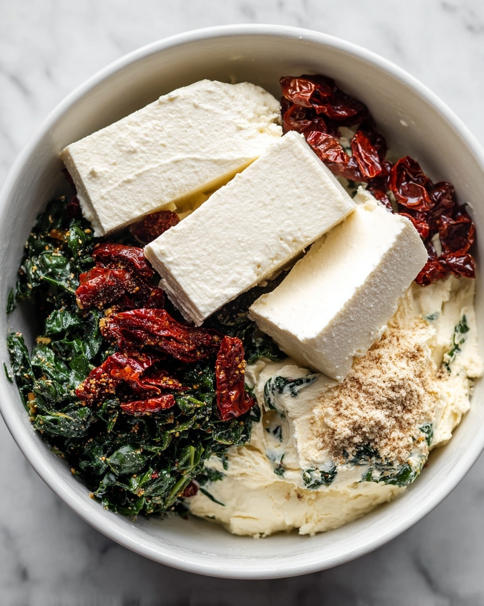A white bowl sitting on a white marbled texture holds various ingredients layered separately inside. There is a layer of dark green chopped spinach forming the base, topped with two large blocks of creamy white cream cheese sitting side by side, and scattered around them are pieces of deep red sun-dried tomatoes and a small mound of light beige seasoning or powder. Next to the bowl is another white bowl on the same white marbled texture, where the ingredients are fully mixed into a creamy texture showing streaks of green spinach, bits of dark red sun-dried tomatoes, and a light creamy base all blended together. Photo taken with an iphone --ar 4:5 --v 7