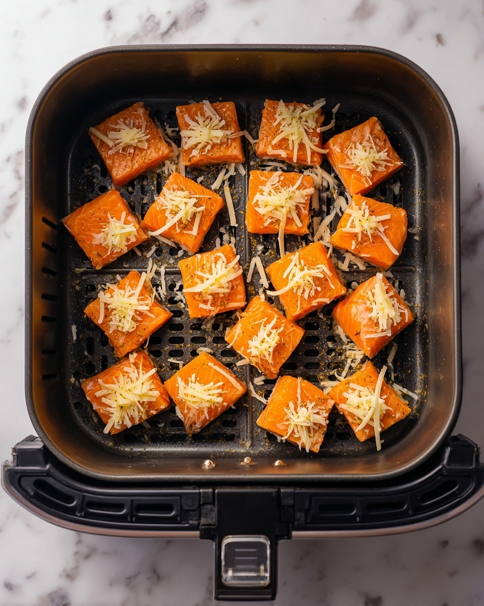 A white plate full of small rectangular orange fish pieces, each topped with thin, light brown shredded toppings and small bits of a crunchy texture, all covered with a glossy brown glaze. The fish pieces are evenly spread, showing a soft texture and slight flaking on the edges. The plate is set on a white marbled surface with a subtle pattern. photo taken with an iphone --ar 4:5 --v 7