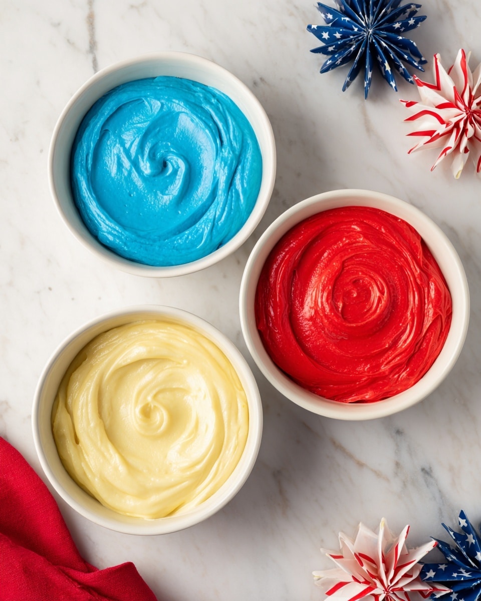 There are three white bowls arranged in a triangle on a white marbled surface. The top left bowl holds bright blue batter with a smooth, thick texture and a spiral pattern on the surface. The top right bowl holds bright red batter with a similar smooth, thick texture and a swirl on top. The bottom center bowl has creamy yellow batter with a swirled texture. Around the bowls, there are two pinwheels with red, blue, and white star and stripe patterns. A red cloth is partially visible in the bottom left corner. photo taken with an iphone --ar 4:5 --v 7