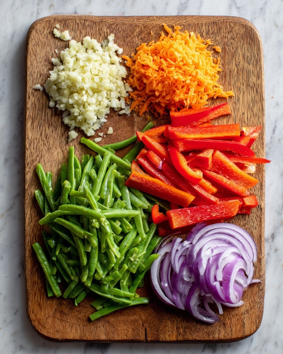 A wooden board with five groups of fresh, chopped vegetables is placed on a white marbled surface. On the left, there is a small pile of finely chopped white garlic, next to it is a small heap of bright orange grated carrot. Below these two, there is a large pile of green snap peas, looking fresh and crisp. To the right of the snap peas, vibrant red bell pepper strips are neatly arranged in a group. On the far right, several slices of purple onion are lined up in a slight curve showing their layered texture. The overall image is clear and colorful, with each vegetable group distinct and fresh. photo taken with an iphone --ar 4:5 --v 7