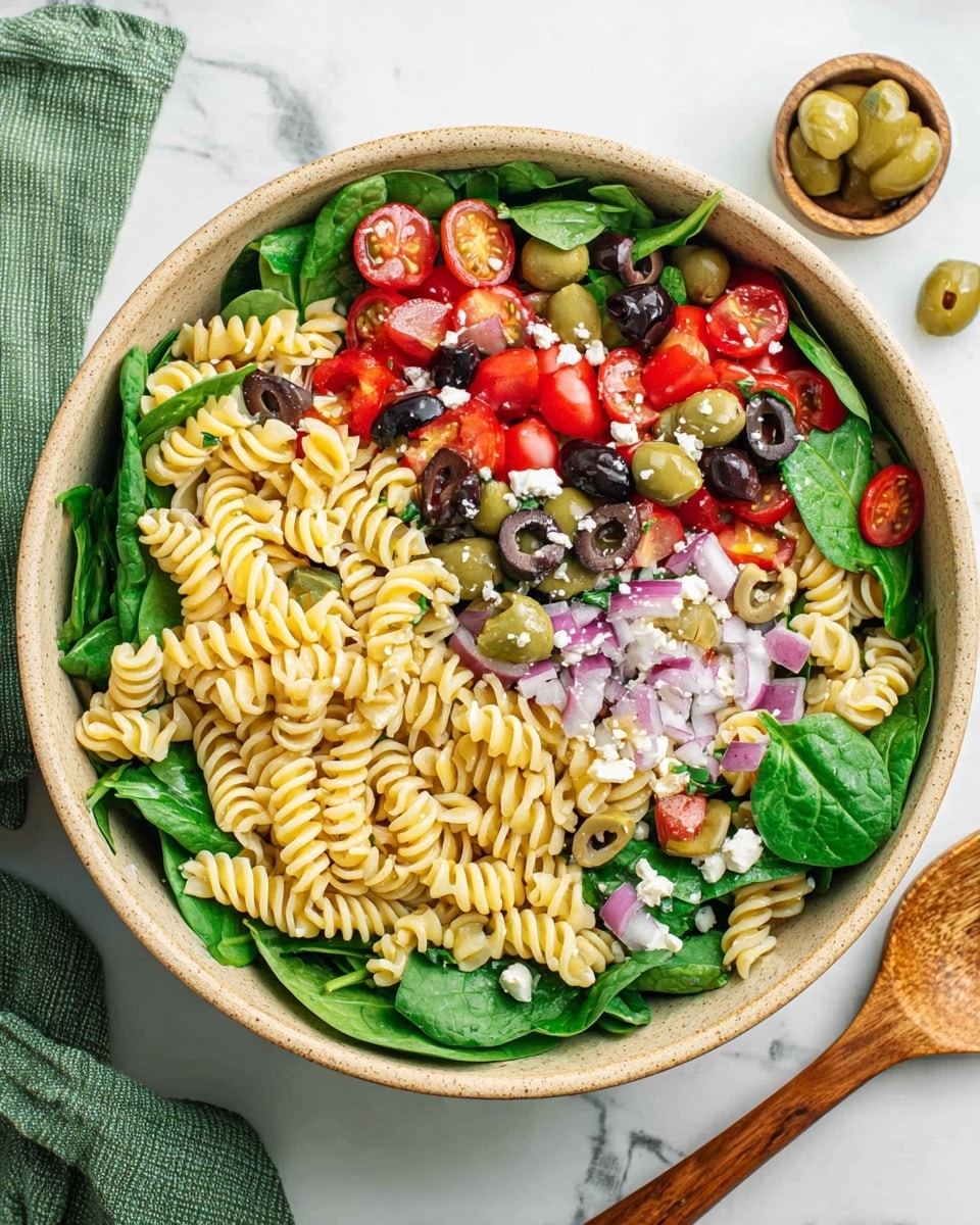 A close-up view of a wooden spoon holding a mix of spiral pasta in pale yellow, bright red cherry tomatoes, chopped white onions, black and green olives, crumbled white cheese, and fresh dark green spinach leaves. In the background, a round white bowl is filled with the same colorful pasta salad. The whole scene sits on a white marbled surface, with soft natural lighting highlighting the fresh ingredients and textures, photo taken with an iphone --ar 4:5 --v 7