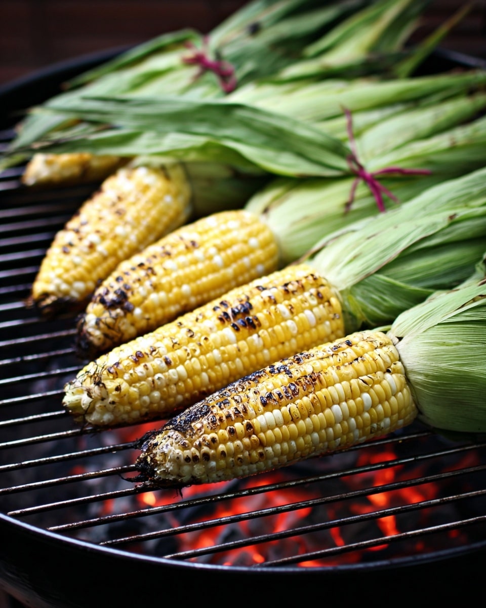 The image shows several ears of corn on the cob laying side by side on a round grill. Each ear of corn has three main layers: the outer layer of green husk tied with reddish-white string, a middle layer of light green silky corn leaves partially pulled back to reveal the kernels, and the bottom layer of yellow and white kernels with some dark grill marks on the exposed parts. The corn is positioned diagonally across the black grill grates with glowing red coals visible underneath, creating a warm contrast to the fresh green and yellow colors. The background is blurred with a shallow depth of field, drawing focus to the grilled corn. photo taken with an iphone --ar 4:5 --v 7