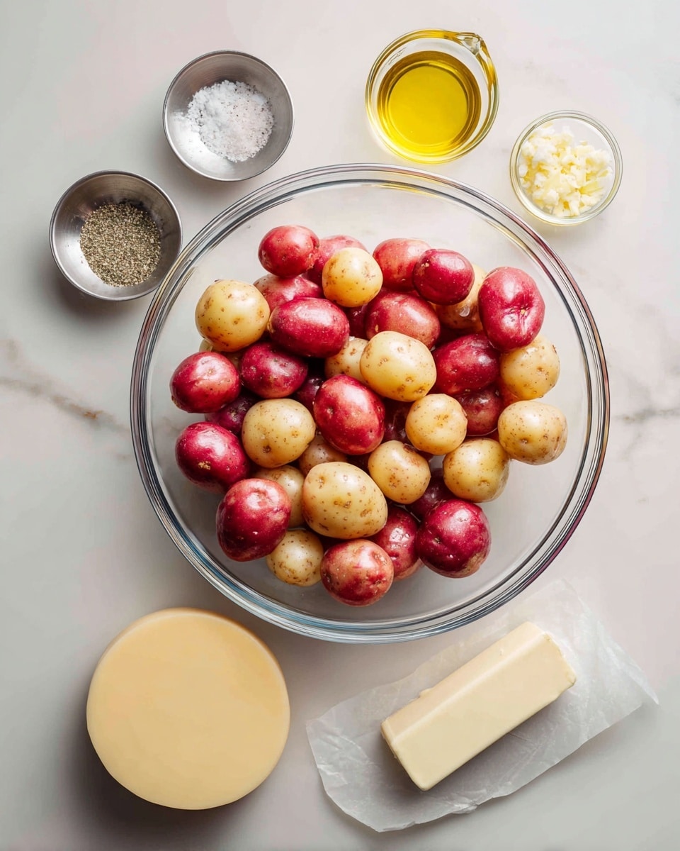 A clear glass bowl filled with a mix of small red and light brown baby potatoes placed in the center on a white marbled surface. Below the bowl, small stainless steel round containers hold coarse salt and pepper mix on the left, and minced garlic on the right. A small glass measuring cup with golden olive oil is to the right of the bowl. A small stick of butter wrapped in paper sits below, next to a whole round piece of pale yellow cheese on the bottom left. The clean, bright setting highlights each ingredient clearly, photo taken with an iphone --ar 4:5 --v 7