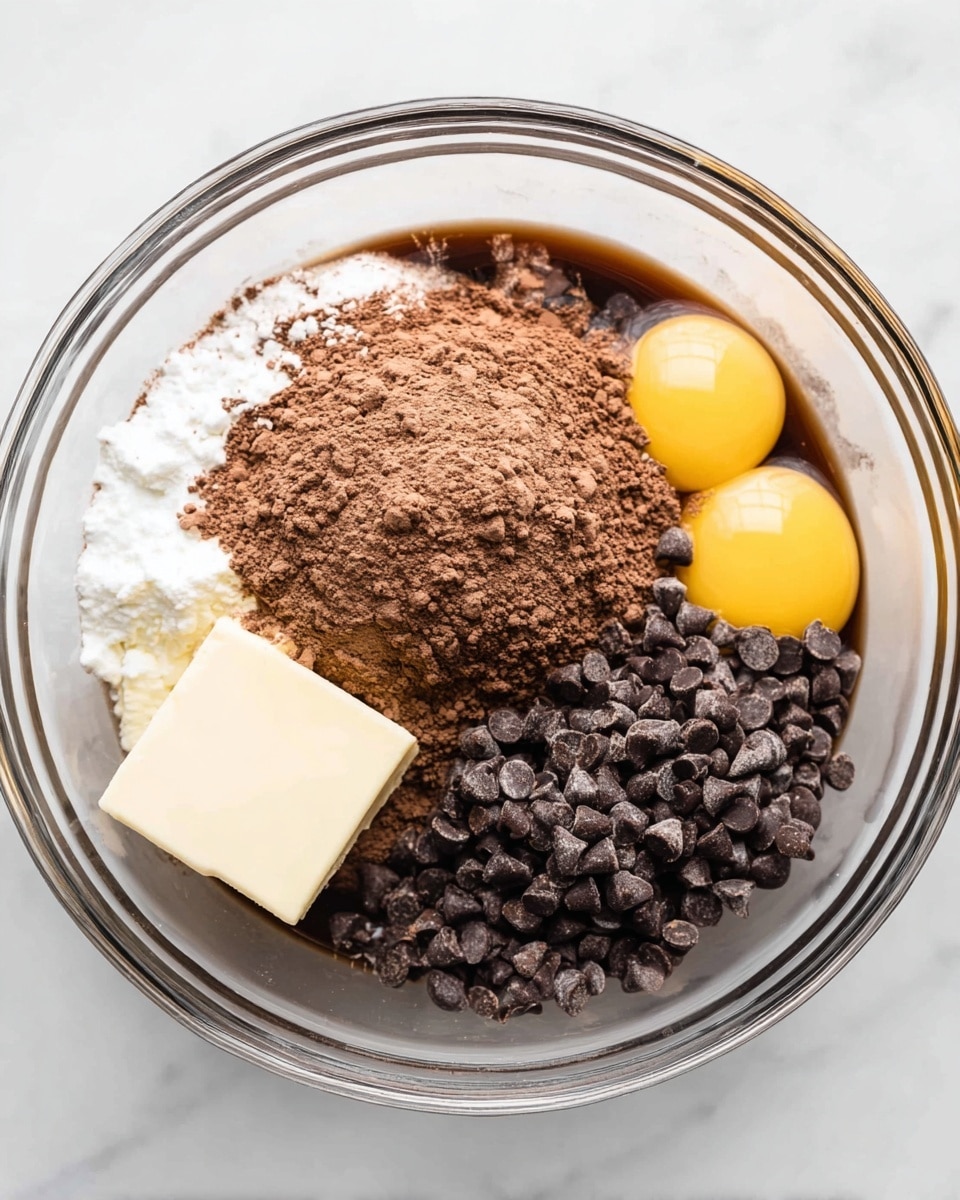 A clear glass bowl holds several baking ingredients not mixed yet, layered from the bottom: a shiny dark brown liquid layer, topped with a large mound of light brown cocoa powder in the center; to the right, two bright yellow raw eggs with clear whites; near the eggs, a cluster of small dark chocolate chips; and a large white square of butter sits next to the chocolate chips. The bowl is placed on a white marbled surface. photo taken with an iphone --ar 4:5 --v 7
