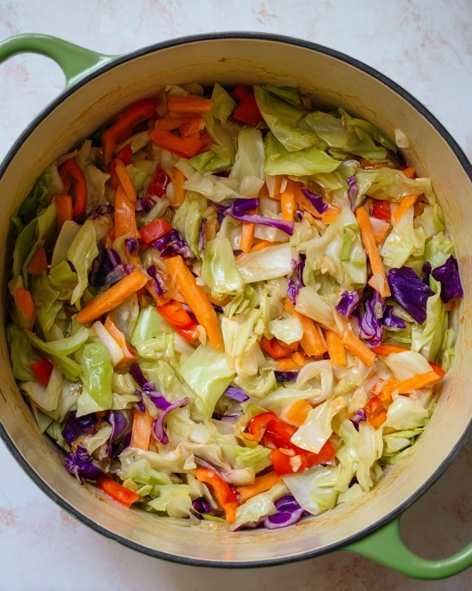The image shows a close-up top view of a green pot filled with cooked mixed vegetables. Inside the pot, there are chopped pieces of light green cabbage, bright orange carrot sticks, red bell pepper slices, and bits of purple cabbage, all mixed together. The vegetables have a soft, slightly shiny texture, indicating they are cooked well. The green pot sits on a white marbled surface, and the pot's handle is visible on the right side. photo taken with an iphone --ar 4:5 --v 7