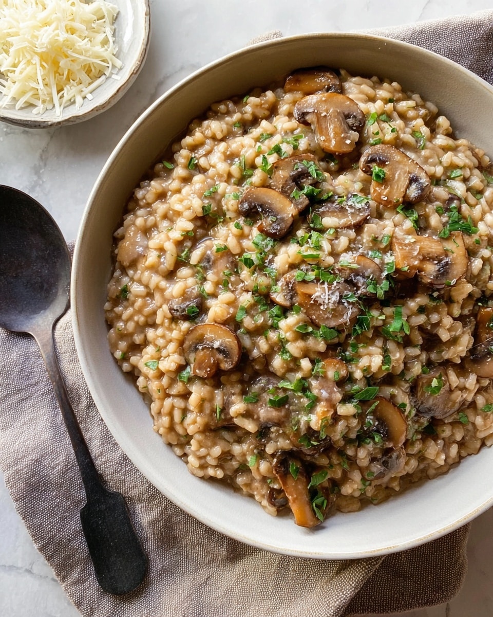 A large white bowl filled with creamy, thick mushroom risotto, showing a mix of soft, slightly shiny grains and sliced brown mushrooms throughout. The risotto has a light brown color with some green bits of fresh herbs sprinkled on top, giving small bursts of bright green. The bowl sits on a folded beige cloth napkin on a white marbled surface. To the left of the bowl is a large dark spoon resting on the napkin and a small white plate with shredded cheese slightly out of focus in the background. The overall look is warm and cozy. photo taken with an iphone --ar 4:5 --v 7