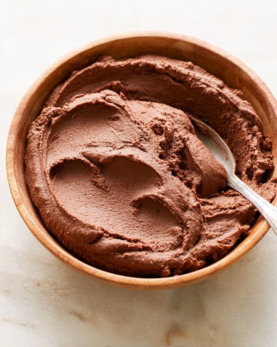 The image shows a close-up of a wooden bowl filled with a large, smooth mound of thick chocolate paste. The texture looks creamy and slightly grainy with visible ridges and swirls on the surface where a silver spoon is partially buried on the right side, slightly stirring the paste. The bowl sits on a white marbled surface, and there are no other objects or colors to distract from the rich, deep brown color of the chocolate mixture. The light is soft and natural, highlighting the creamy texture of the paste. photo taken with an iphone --ar 4:5 --v 7