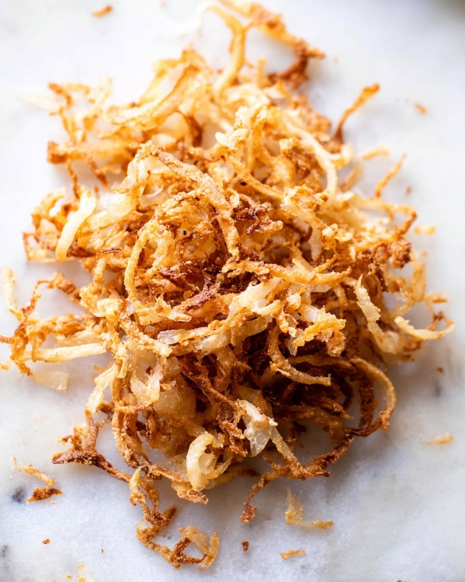 A pile of thin, crispy fried onion strings sits in the center of a white marbled surface, layered irregularly with pieces curling and overlapping each other. The onions are golden brown with some darker, almost toasted edges, showing a crunchy texture. The pile looks light and airy, with small bits and crumbs scattered around, emphasizing their crispiness. photo taken with an iphone --ar 4:5 --v 7