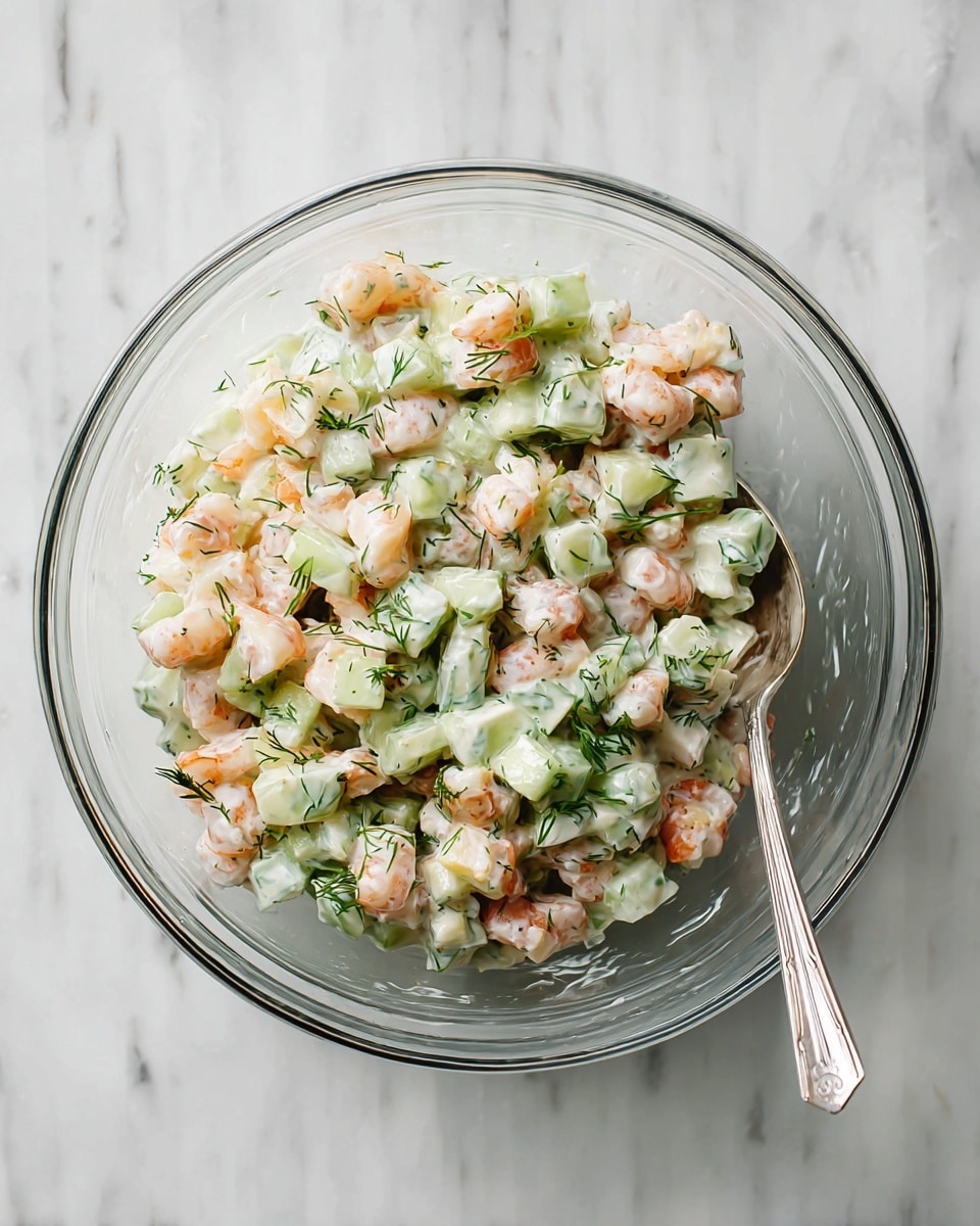 A clear glass bowl sits on a white marbled surface, filled with a mixed salad of small, chopped layers: pale pink shrimp pieces, light green cucumber cubes, and bits of fresh dill scattered throughout. The shrimp have a slightly glossy texture, showing some peachy-pink hues, while the cucumber cubes add a crisp, lighter matte green contrast. A creamy white dressing coats the mix, giving the salad a smooth appearance. A silver spoon rests in the bowl on the right side. photo taken with an iphone --ar 4:5 --v 7