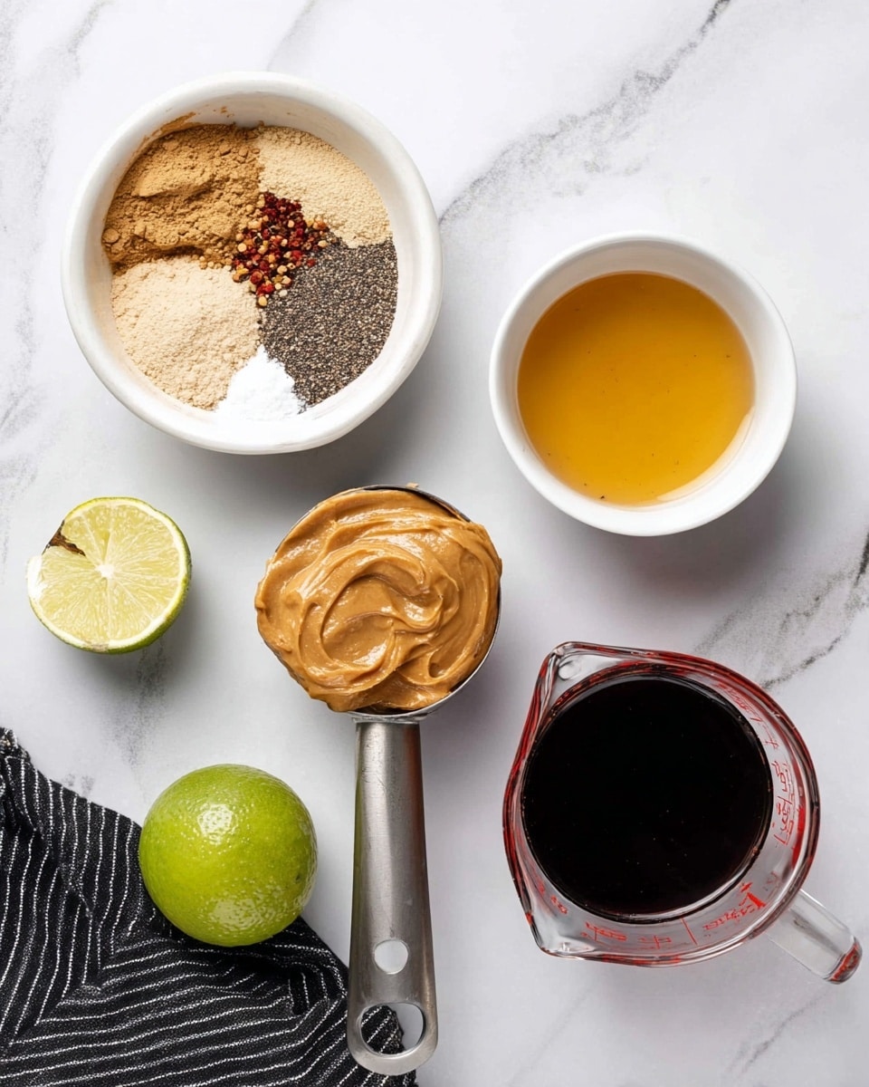 Several ingredients are placed on a white marbled surface, including a white bowl with multiple layers of brown and white powders and spices such as black and red specks on the top right, a white bowl filled with a clear golden liquid to the right of it, a metal measuring cup with smooth, light brown peanut butter below the spice bowl, half a green lime resting cut side up to the bottom left, and a transparent measuring cup filled with a dark brown liquid at the bottom right, with a black and white striped cloth near the top left corner photo taken with an iphone --ar 4:5 --v 7