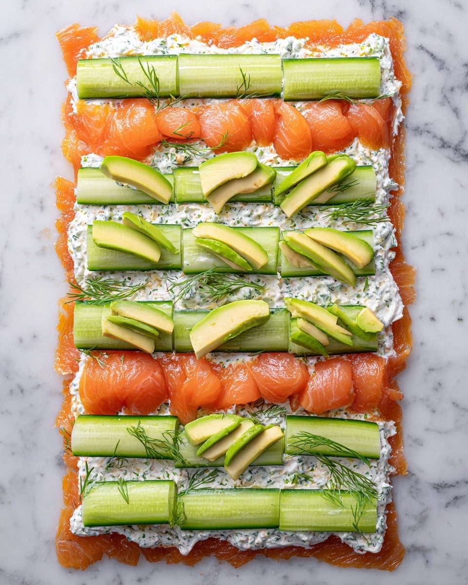 A flat rectangular layer of thin, orange salmon slices forms the base on a white marbled surface, topped evenly with a creamy white spread mixed with green herbs. On top of the spread are pale green avocado slices shaped like half moons, placed in rows from top to bottom. Between the avocado slices are thin, long strips of bright green cucumber, arranged horizontally and spaced evenly. The overall look is fresh and tidy with a mix of orange, white, and green colors. Photo taken with an iphone --ar 4:5 --v 7
