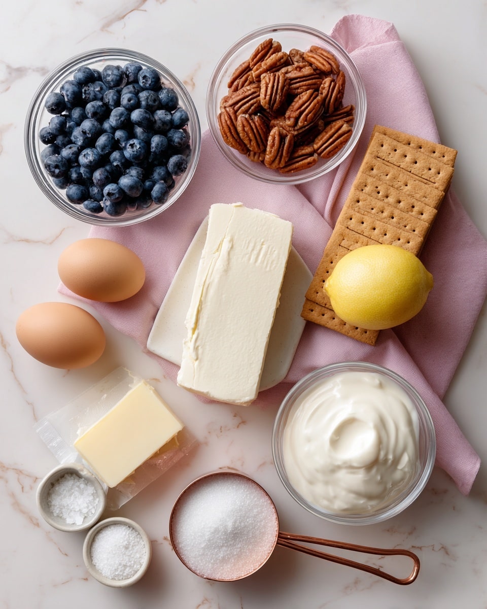 The image shows a flat lay of ingredients on a white marbled surface with a soft pink cloth underneath some items. There are fresh blueberries piled on the pink cloth on the left side. Four brown eggs sit near the blueberries. A glass bowl with whole pecans is placed on the pink cloth toward the top center. Next to it, on the right, is a neat stack of rectangular whole graham crackers. In the middle, two blocks of Philadelphia cream cheese are stacked with the label visible. Below the cheese is a whole yellow lemon. A small round glass bowl filled with white sour cream sits to the right of the lemon. To the right front, a copper measuring cup is filled with granulated white sugar. A stick of butter in a white wrapper is placed just below the lemon. Near the bottom left corner are a small spoon of salt and a small glass bowl of vanilla extract. All the items are neatly spaced on the white marbled surface. Photo taken with an iphone --ar 4:5 --v 7