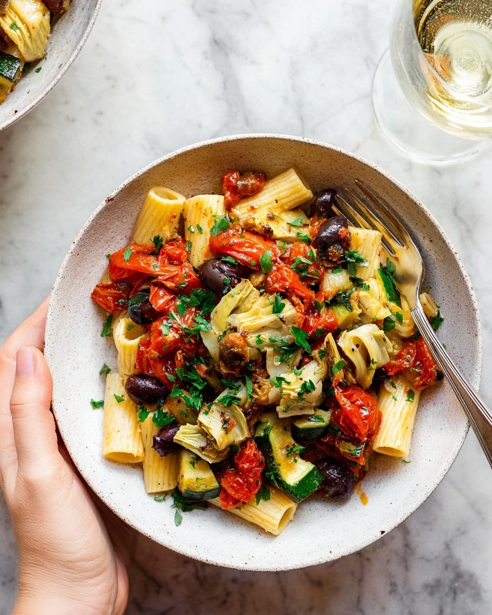 A white bowl filled with a mixed pasta dish, with rigatoni pasta pieces in light yellow as the base layer. Layered on top are bright red roasted cherry tomatoes, dark purple olives, and chunks of green zucchini with a slightly roasted texture. There are also pale beige artichoke pieces and small bits of red tomato sauce scattered throughout. The dish is garnished with fresh green parsley leaves sprinkled over the top. A fork is placed on the right side of the bowl and a woman's hand is holding the bowl from the bottom. The bowl sits on a white marbled surface with a glass of light-colored sparkling drink nearby. Photo taken with an iphone --ar 4:5 --v 7